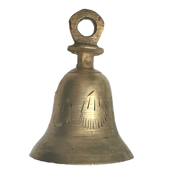 ANTIQUE FOLK ART BRASS BELL WITH SGRAFFITO TECHNIQUE - Picture 1 of 10